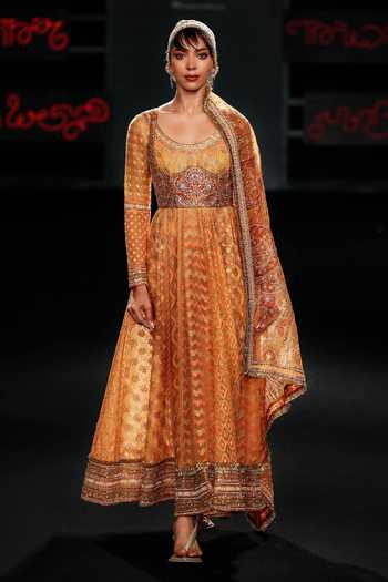 Buy_RI.Ritu Kumar_Yellow Polyester, Lycra, Silk Scoop Kashish Embroidered Anarkali Set _at_Aza_Fashions
