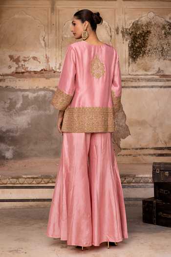 Shop_Charu Makkar_Pink Silk, Dupion, Organza V-neck, Yes Hania Embroidered Kurta Sharara Set _at_Aza_Fashions