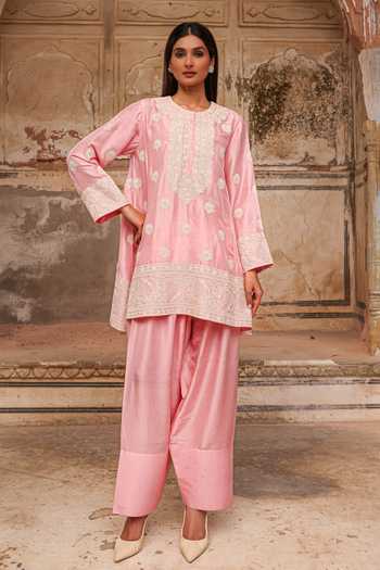 Shop_Charu Makkar_Pink Silk, Organza Round Neck Yumna Pure Habutai Embroidered Kurta Set _Online_at_Aza_Fashions