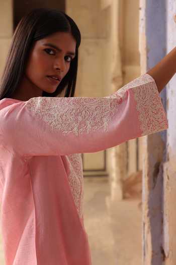 Shop_Charu Makkar_Pink Silk Split V-neck Slub Placement Embroidered Kurta And Pant Set _Online_at_Aza_Fashions