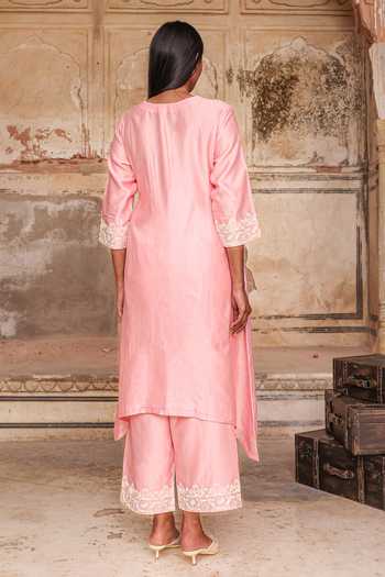 Shop_Charu Makkar_Pink Silk, Chanderi, Organza Keyhole Neck Rama Embroidered Kurta Set _at_Aza_Fashions