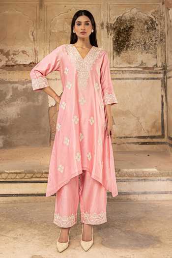 Shop_Charu Makkar_Pink Silk, Chanderi, Organza Keyhole Neck Rama Embroidered Kurta Set _Online_at_Aza_Fashions