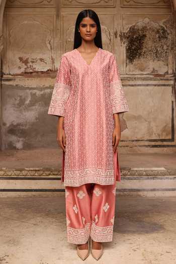 Buy_Charu Makkar_Pink Silk, Chanderi, Organza V-neck Amna Embroidered Kurta Set _Online_at_Aza_Fashions