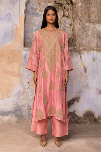 Buy_Charu Makkar_Pink Silk Round Neck, Yes Mehrunisa Embroidered Kurta And Pant Set _Online_at_Aza_Fashions