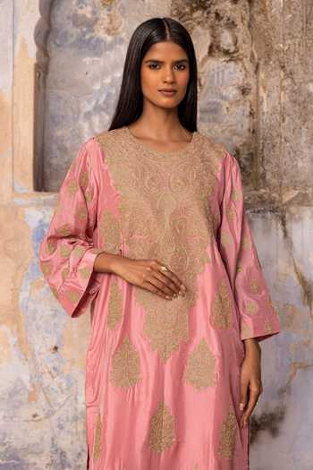 Shop_Charu Makkar_Pink Silk Round Neck, Yes Mehrunisa Embroidered Kurta And Pant Set _Online_at_Aza_Fashions