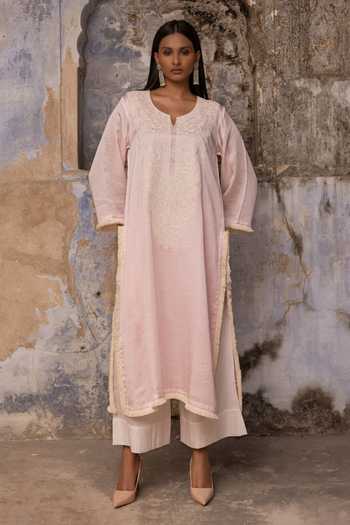 Buy_Charu Makkar_Pink Satin, Linen, Modal Round Neck, Yes Fiza Dori Embroidered Kurta And Pant Set _Online_at_Aza_Fashions