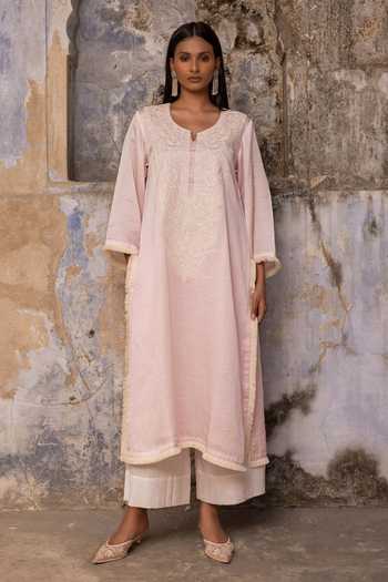 Buy_Charu Makkar_Pink Satin, Linen, Modal Round Neck, Yes Fiza Dori Embroidered Kurta And Pant Set 