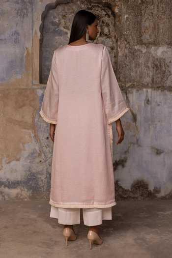 Shop_Charu Makkar_Pink Satin, Linen, Modal Round Neck, Yes Fiza Dori Embroidered Kurta And Pant Set _at_Aza_Fashions