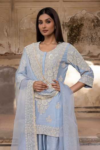 Shop_Charu Makkar_Blue Chanderi, Silk, Organza Round Neck Saboor Dori Embroidered Kurta Set _Online_at_Aza_Fashions