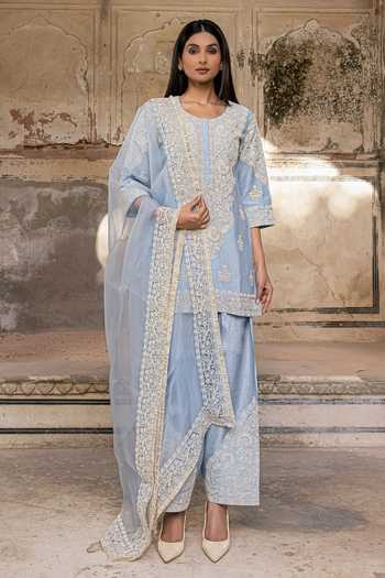 Charu Makkar_Blue Chanderi, Silk, Organza Round Neck Saboor Dori Embroidered Kurta Set _at_Aza_Fashions