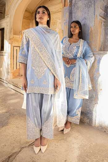 Shop_Charu Makkar_Blue Chanderi, Silk, Organza Round Neck Saboor Dori Embroidered Kurta Set 