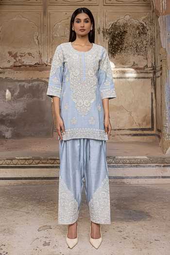 Shop_Charu Makkar_Blue Chanderi, Silk, Organza Round Neck Saboor Dori Embroidered Kurta Set _at_Aza_Fashions