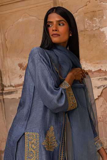 Buy_Charu Makkar_Blue Silk, Organza Emaan Placement Embroidered Kurta Set _Online_at_Aza_Fashions