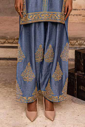 Charu Makkar_Blue Silk, Organza Emaan Placement Embroidered Kurta Set _at_Aza_Fashions