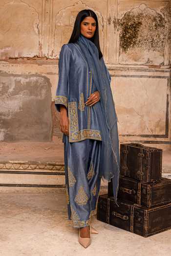 Shop_Charu Makkar_Blue Silk, Organza Emaan Placement Embroidered Kurta Set 