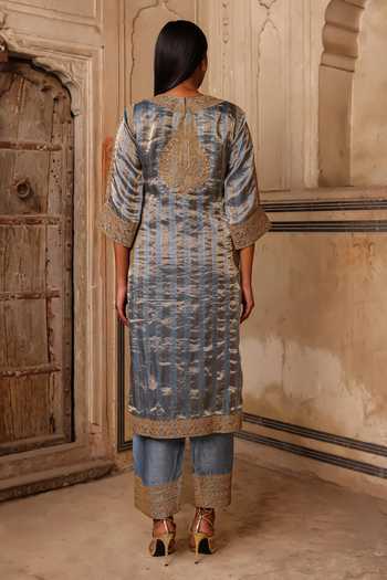 Shop_Charu Makkar_Blue Organza, Tissue, Silk Round Neck Noor Stripe Woven Kurta Set _at_Aza_Fashions