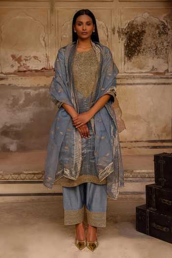 Shop_Charu Makkar_Blue Organza, Tissue, Silk Round Neck Noor Stripe Woven Kurta Set _Online_at_Aza_Fashions