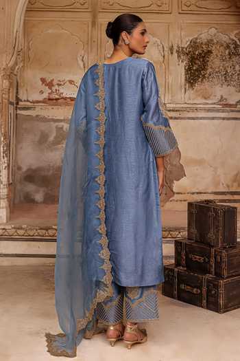 Shop_Charu Makkar_Blue Silk, Organza Split V-neck, Yes Rumaila Embroidered Kurta Set _at_Aza_Fashions
