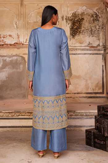 Shop_Charu Makkar_Blue Silk, Dupion, Organza Round Neck, Yes Shazia Border Embroidered Kurta Set _at_Aza_Fashions