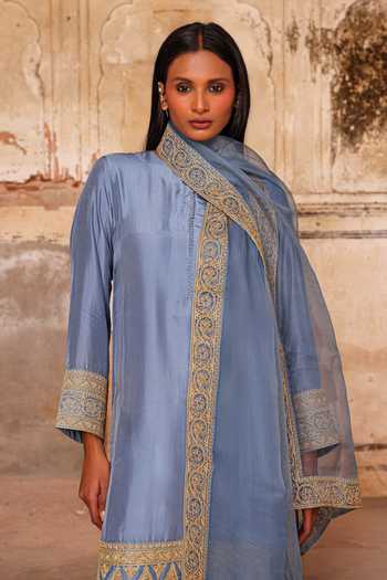 Shop_Charu Makkar_Blue Silk, Dupion, Organza Round Neck, Yes Shazia Border Embroidered Kurta Set _Online_at_Aza_Fashions