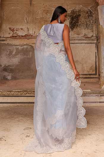 Shop_Charu Makkar_Blue Organza, Silk Ayesha Saree With Unstitched Blouse Piece _at_Aza_Fashions