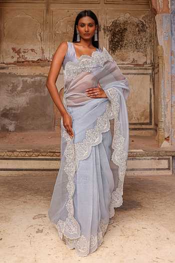 Shop_Charu Makkar_Blue Organza, Silk Ayesha Saree With Unstitched Blouse Piece _Online_at_Aza_Fashions