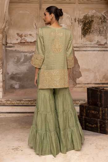 Shop_Charu Makkar_Green Chanderi, Tissue, Organza V-neck, Yes Rumi Embroidered Kurta Gharara Set _at_Aza_Fashions