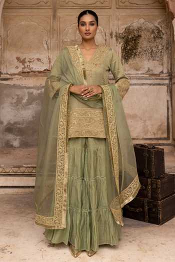 Charu Makkar_Green Chanderi, Tissue, Organza V-neck, Yes Rumi Embroidered Kurta Gharara Set _Online_at_Aza_Fashions