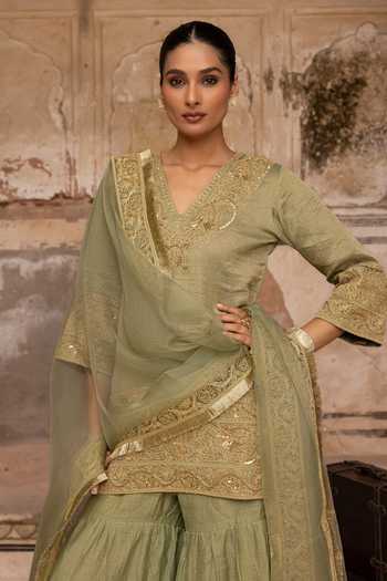 Shop_Charu Makkar_Green Chanderi, Tissue, Organza V-neck, Yes Rumi Embroidered Kurta Gharara Set _Online_at_Aza_Fashions