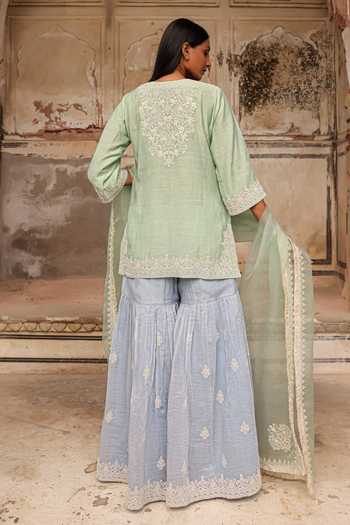 Shop_Charu Makkar_Green Chanderi, Organza Split V-neck Ayra Embroidered Kurta Sharara Set _at_Aza_Fashions
