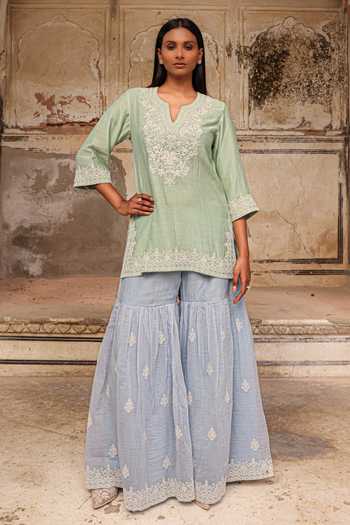 Buy_Charu Makkar_Green Chanderi, Organza Split V-neck Ayra Embroidered Kurta Sharara Set _Online_at_Aza_Fashions
