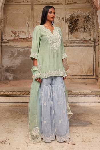 Shop_Charu Makkar_Green Chanderi, Organza Split V-neck Ayra Embroidered Kurta Sharara Set _Online_at_Aza_Fashions