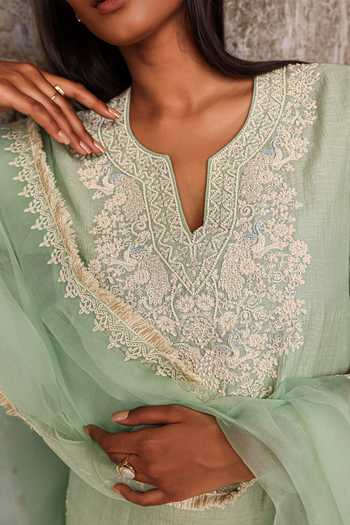 Charu Makkar_Green Chanderi, Organza Split V-neck Ayra Embroidered Kurta Sharara Set _Online