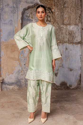 Shop_Charu Makkar_Green Silk, Organza Round Neck Falak Embroidered Kurta Set 