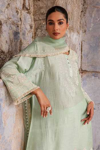 Shop_Charu Makkar_Green Silk, Organza Round Neck Falak Embroidered Kurta Set _Online