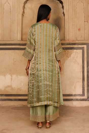Shop_Charu Makkar_Green Organza, Tissue, Silk V-neck Fariya Embroidered Kurta Set _at_Aza_Fashions