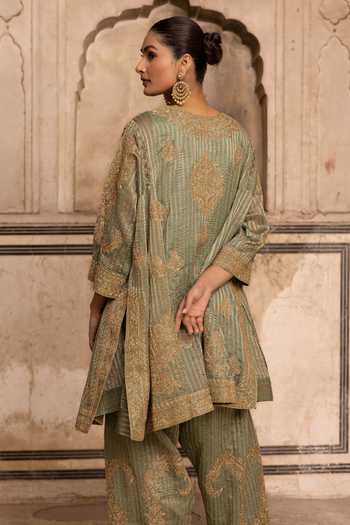 Shop_Charu Makkar_Green Chanderi, Tissue, Organza Keyhole Neck, Yes Sehar Striped Woven Kurta Set _at_Aza_Fashions