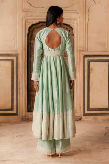Shop_Charu Makkar_Green Silk, Organza Khadija Placement Embroidered Anarkali Set _at_Aza_Fashions