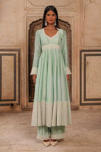 Charu Makkar_Green Silk, Organza Khadija Placement Embroidered Anarkali Set _Online_at_Aza_Fashions
