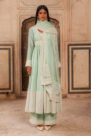 Buy_Charu Makkar_Green Silk, Organza Khadija Placement Embroidered Anarkali Set _Online_at_Aza_Fashions