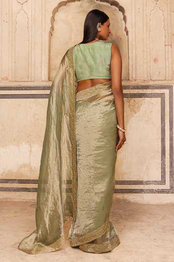 Shop_Charu Makkar_Green Tissue, Silk Alina Saree With Unstitched Blouse Piece _at_Aza_Fashions