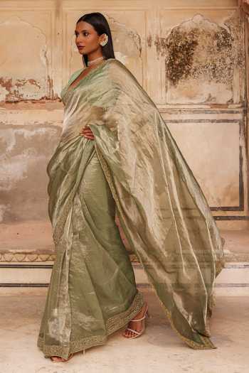 Charu Makkar_Green Tissue, Silk Alina Saree With Unstitched Blouse Piece _Online_at_Aza_Fashions