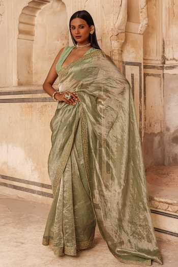 Buy_Charu Makkar_Green Tissue, Silk Alina Saree With Unstitched Blouse Piece _Online_at_Aza_Fashions