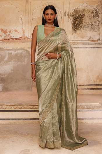 Buy_Charu Makkar_Green Tissue, Silk Alina Saree With Unstitched Blouse Piece _at_Aza_Fashions