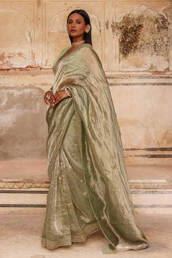 Shop_Charu Makkar_Green Tissue, Silk Alina Saree With Unstitched Blouse Piece _Online_at_Aza_Fashions