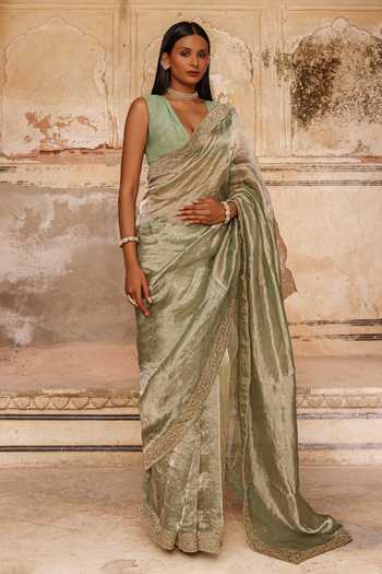 Charu Makkar_Green Tissue, Silk Alina Saree With Unstitched Blouse Piece _at_Aza_Fashions
