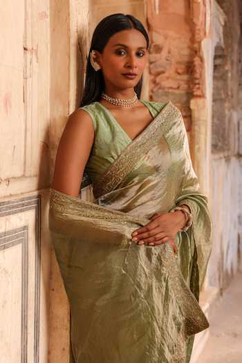 Shop_Charu Makkar_Green Tissue, Silk Alina Saree With Unstitched Blouse Piece 