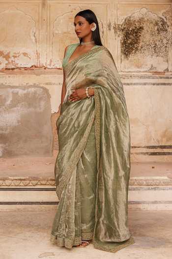 Charu Makkar_Green Tissue, Silk Alina Saree With Unstitched Blouse Piece _Online