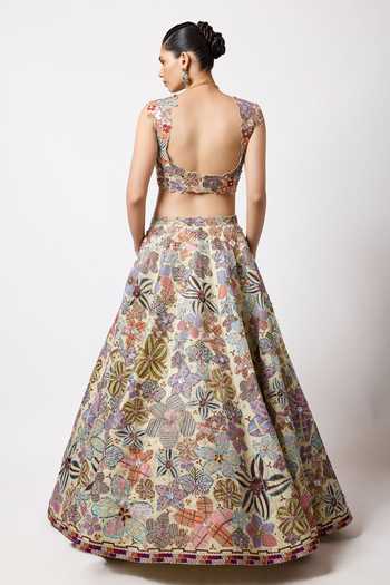 Shop_Aisha Rao_Ivory Satin, Tulle Sweetheart Neck Cyanora Embellished And Printed Lehenga Set _at_Aza_Fashions