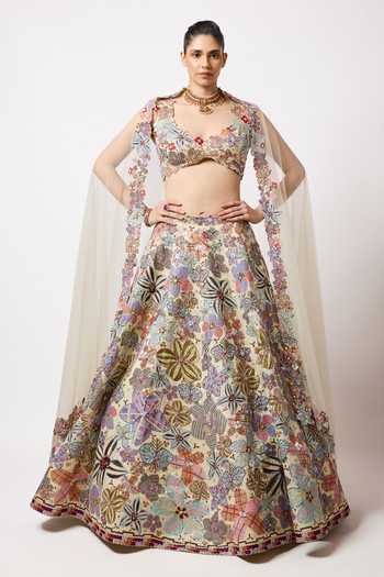Buy_Aisha Rao_Ivory Satin, Tulle Sweetheart Neck Cyanora Embellished And Printed Lehenga Set _at_Aza_Fashions